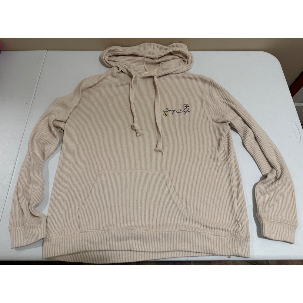 Surf Style Womens Beige Ribbed Knit Hoodie Floral Embroidery B10449SSRM Size L